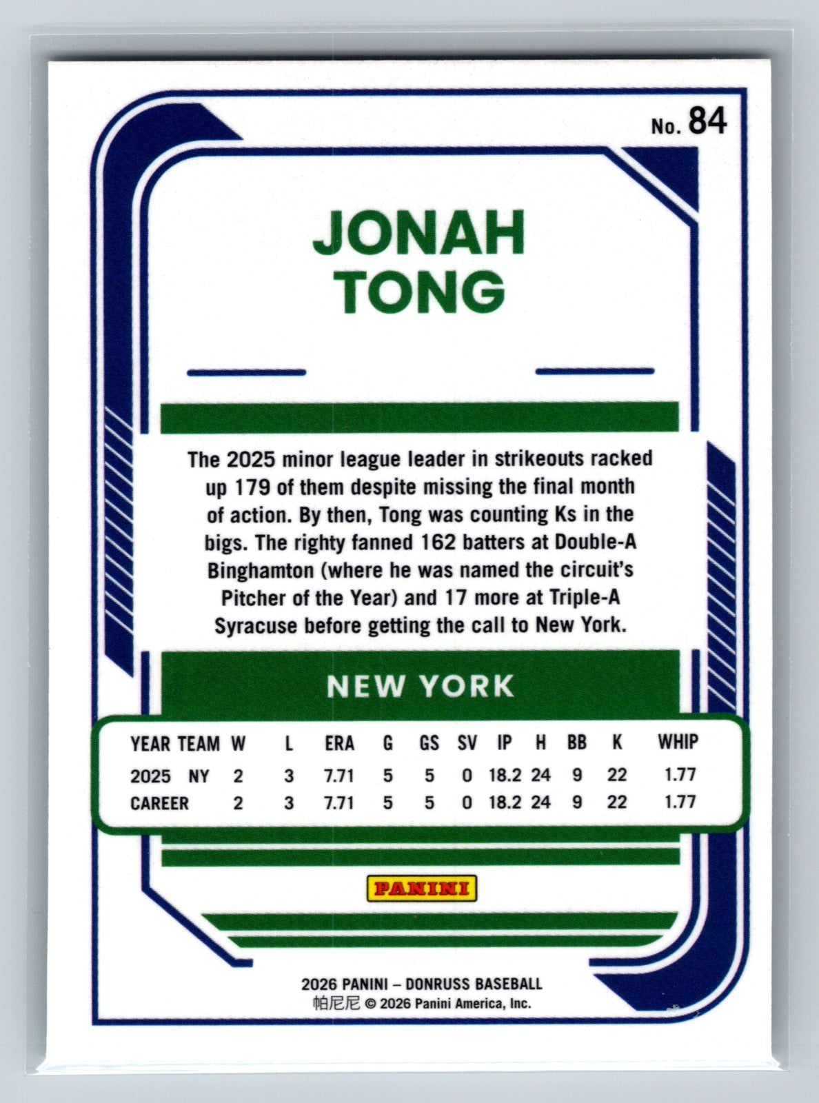 Jonah Tong 2026 Panini Donruss Optic Rated Rookie #84 Mets