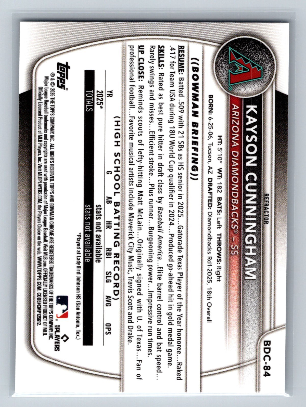 Kayson Cunningham 2025 Bowman Draft Chrome 1st Refractor #BDC-84 Diamondbacks