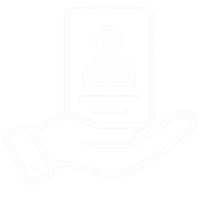 A minimalist white line icon depicting a hand holding a smartphone with a user profile icon on the screen, set against a solid white background.