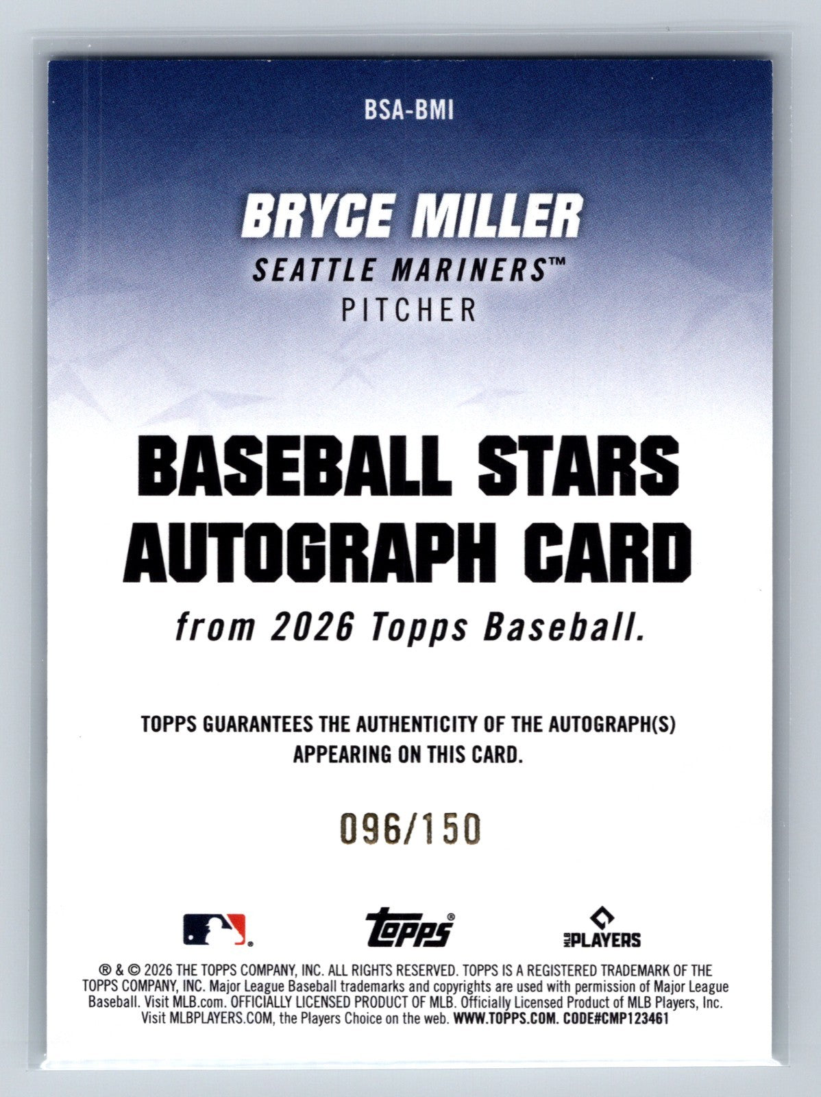 Bryce Miller 2026 Topps Baseball Stars Blue Auto /150 #BSA-BMI Mariners