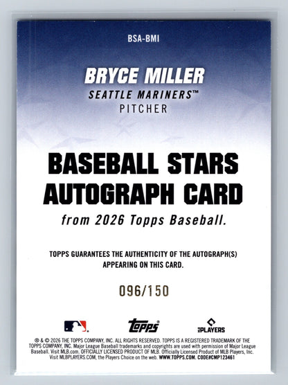 Bryce Miller 2026 Topps Baseball Stars Blue Auto /150 #BSA-BMI Mariners