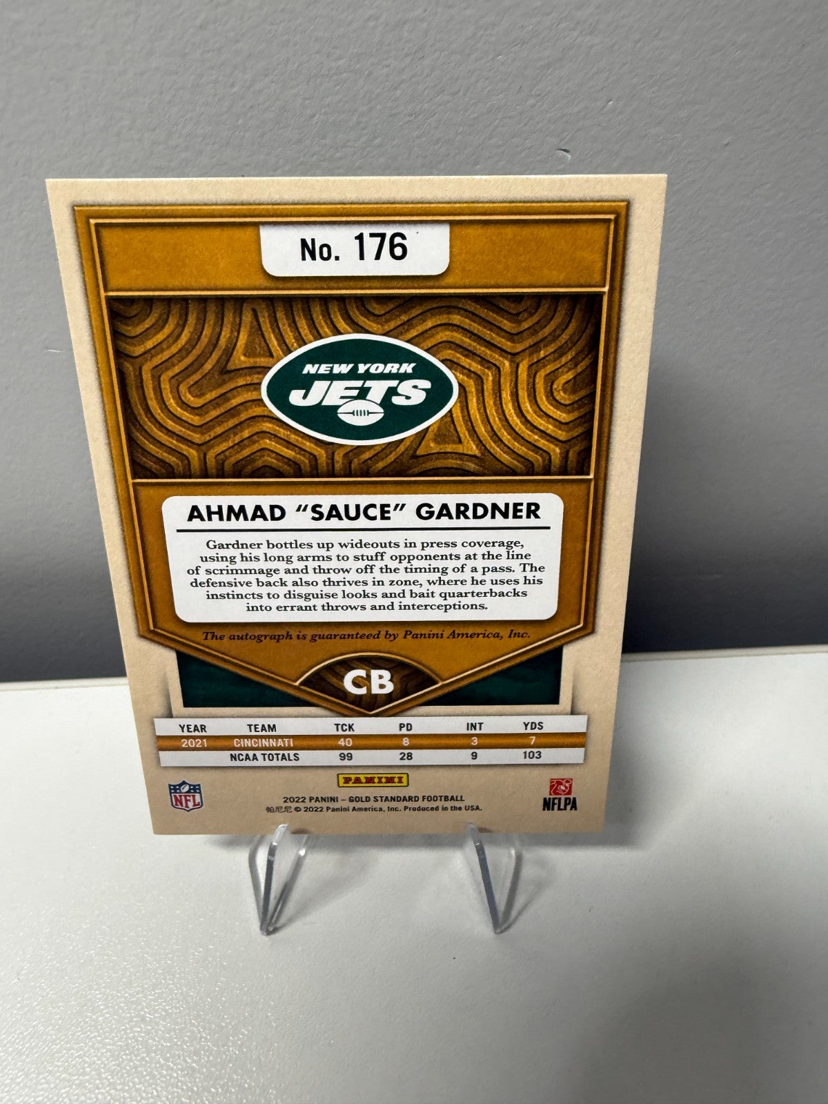 Ahmad Sauce Gardner 2022 Panini Gold Standard Auto RC /49 #176 Jets