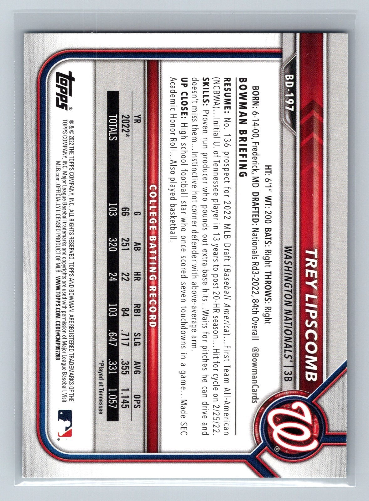 Trey Lipscomb 2022 Bowman Draft Paper Sky Blue /499 #BD-197 Nationals