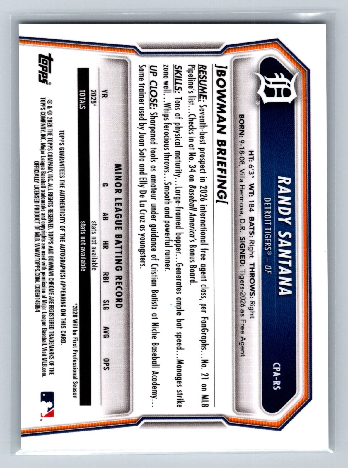 Randy Santana 2026 Bowman Chrome 1st Auto #CPA-RS Tigers