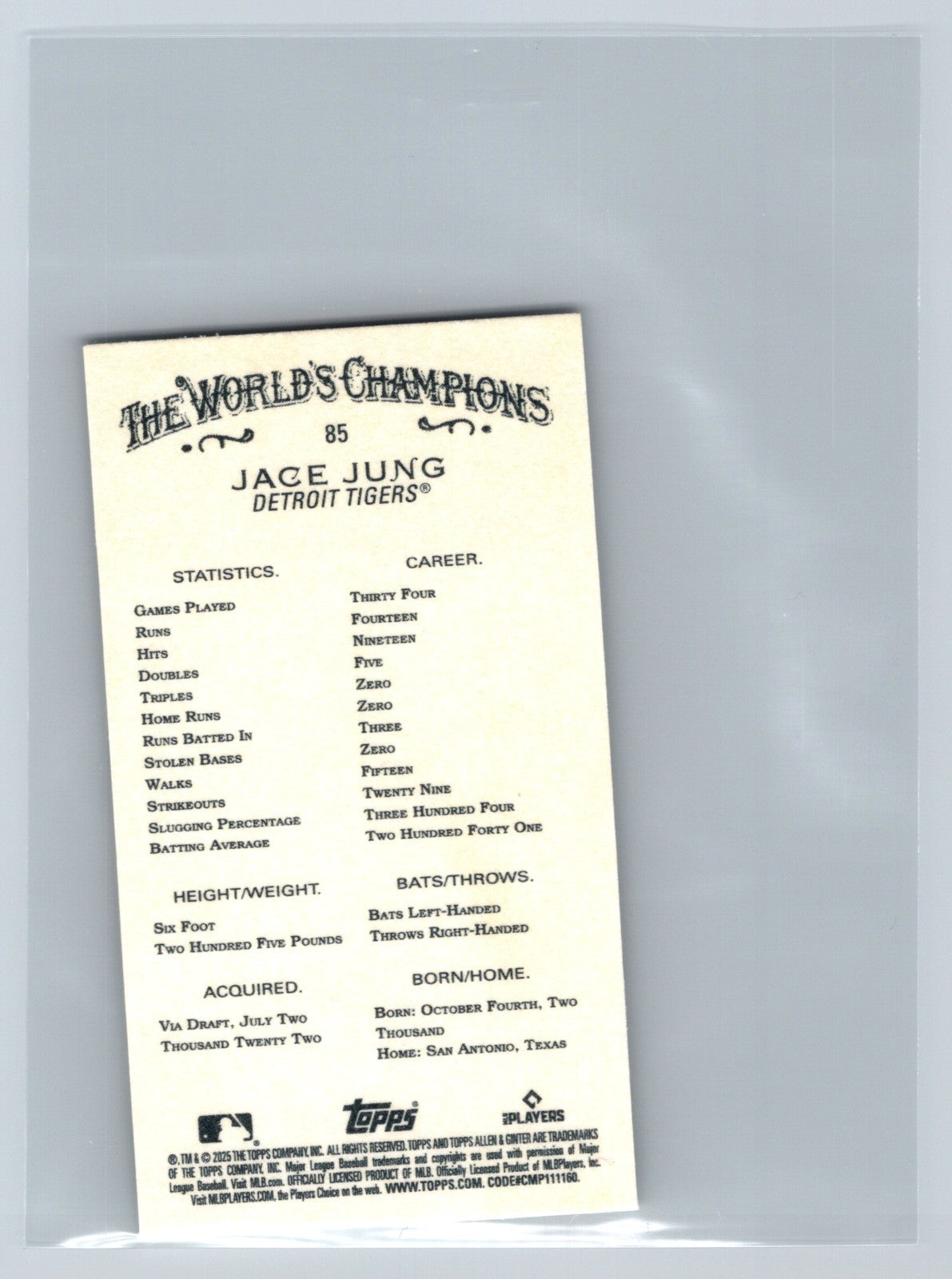 Jace Jung 2025 Topps Allen & Ginter Mini Framed RC #85 Tigers