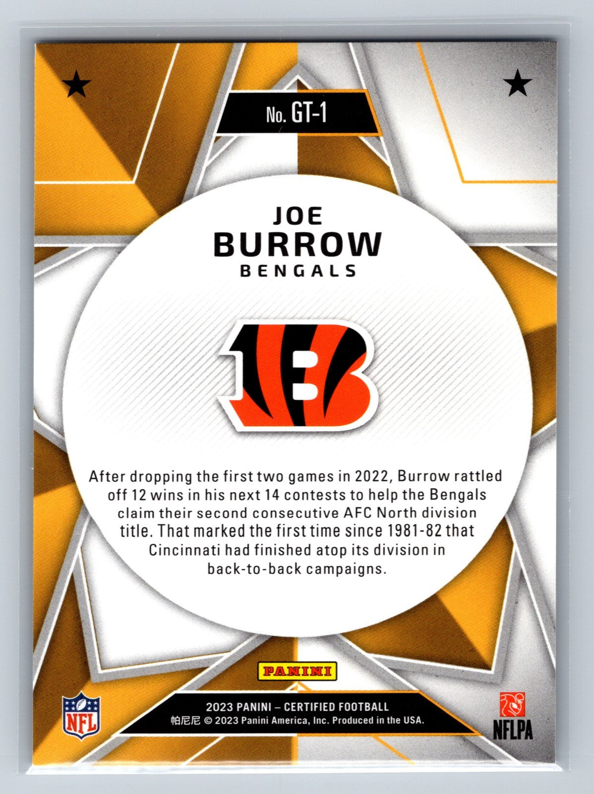 Joe Burrow 2023 Panini Certified Gold Team #GT-1 Bengals
