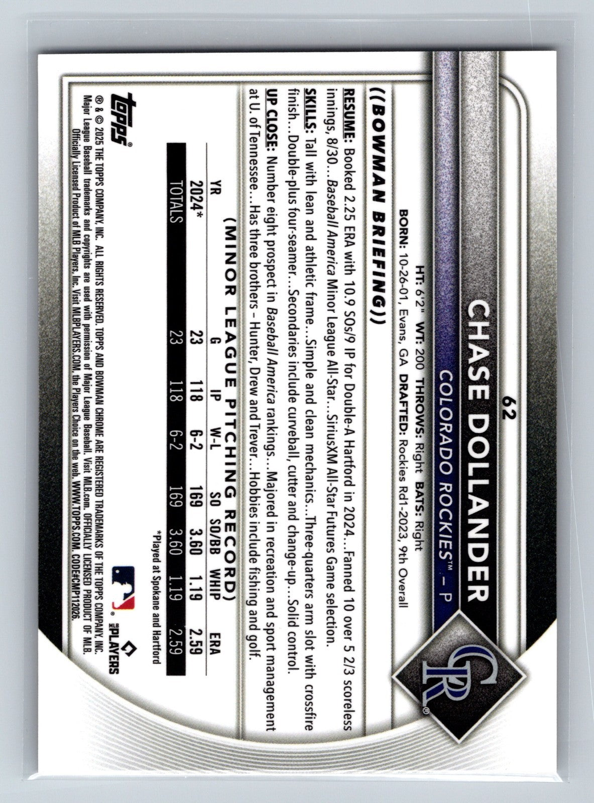 Chase Dollander 2025 Bowman Chrome Gold Refractor RC /50 #62 Rockies