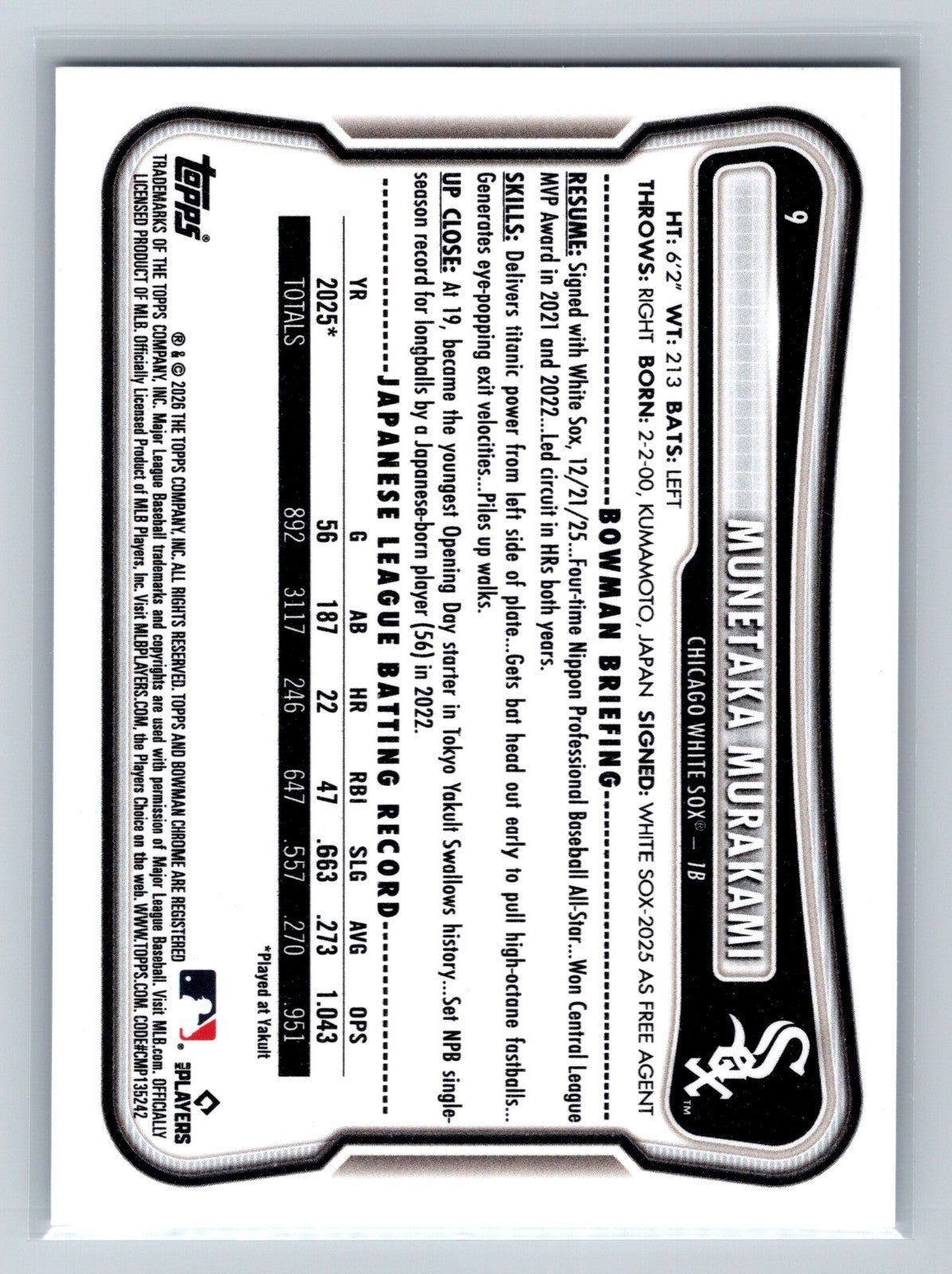 Munetaka Murakami 2026 Bowman Paper RC #9 White Sox