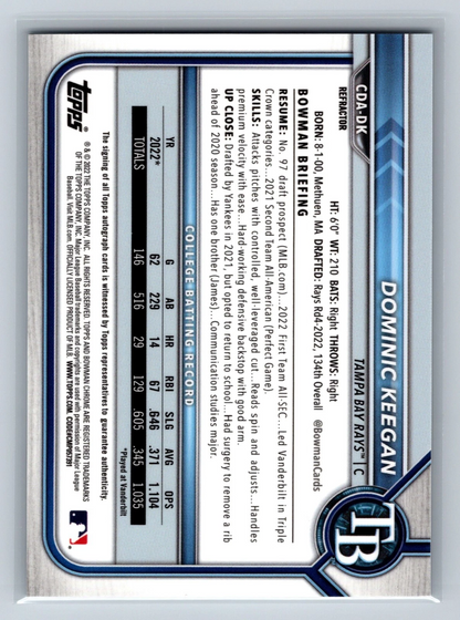 Dominic Keegan 2022 Bowman Draft Chrome 1st Refractor Auto /499 #CDA-DK Rays
