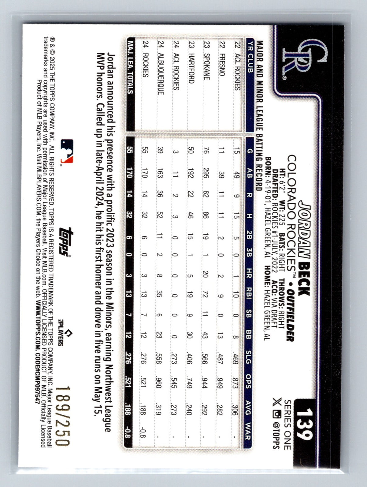 Jordan Beck 2025 Topps Series 1 Purple Foil /250 #139 Rockies