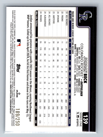 Jordan Beck 2025 Topps Series 1 Purple Foil /250 #139 Rockies