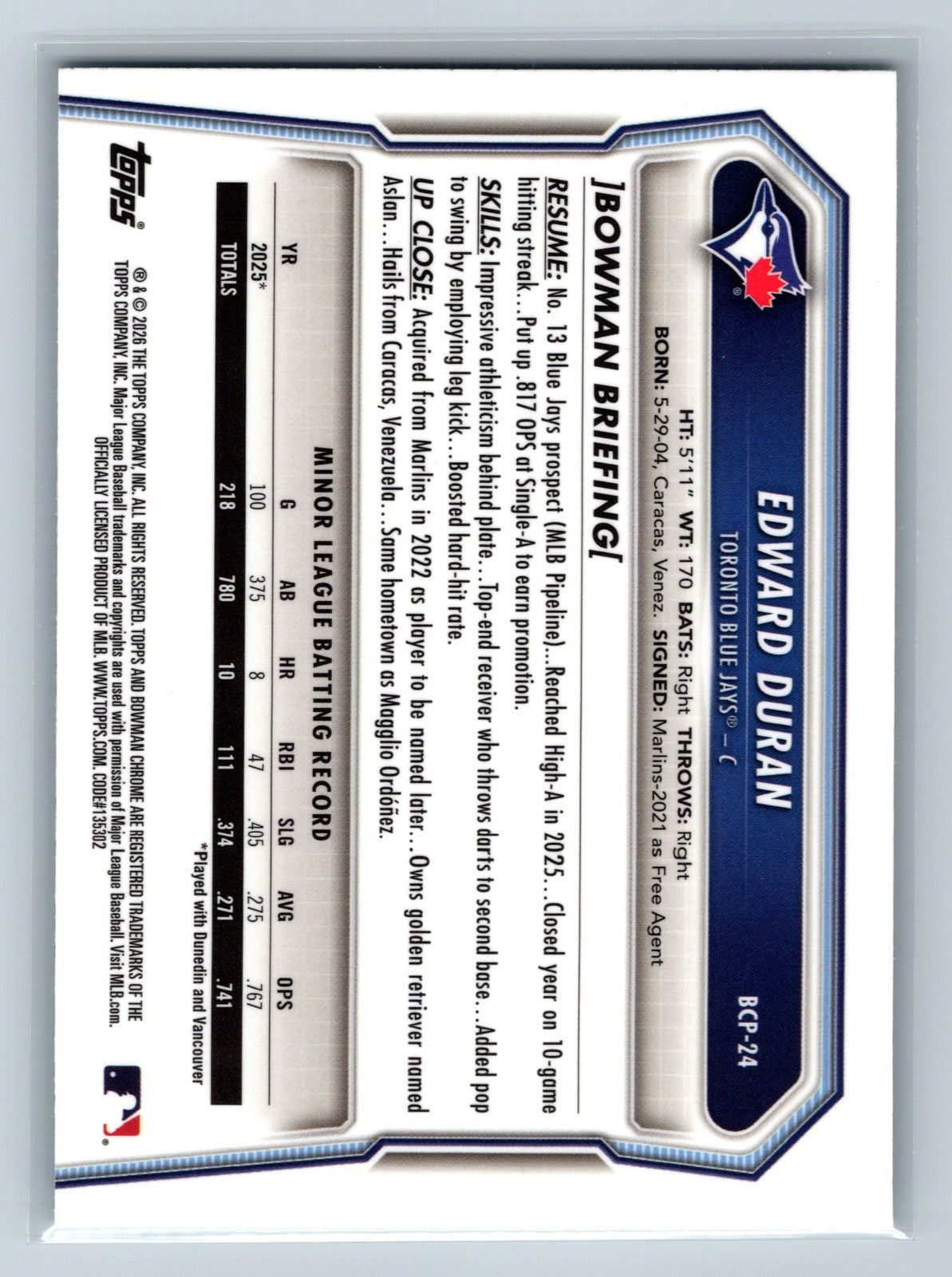 Edward Duran 2026 Bowman Chrome 1st Aqua Shimmer Refractor /125 #BCP-24