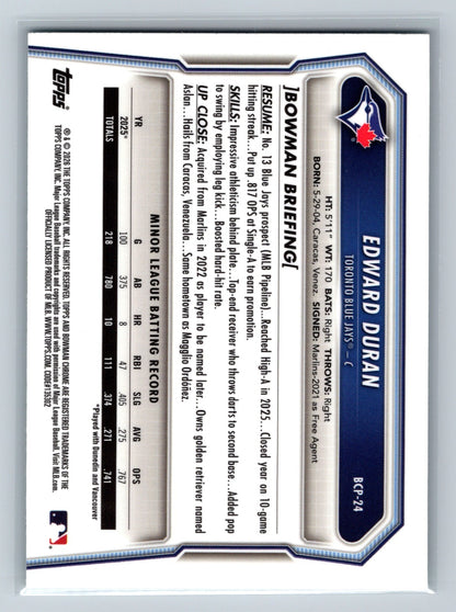 Edward Duran 2026 Bowman Chrome 1st Aqua Shimmer Refractor /125 #BCP-24