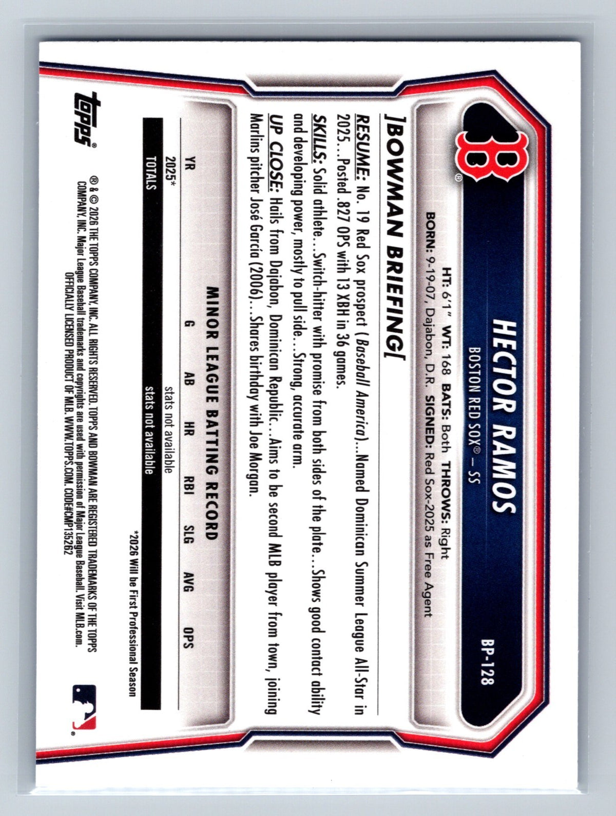 Hector Ramos 2026 Bowman 1st Paper Blue /150 #BP-128 Red Sox