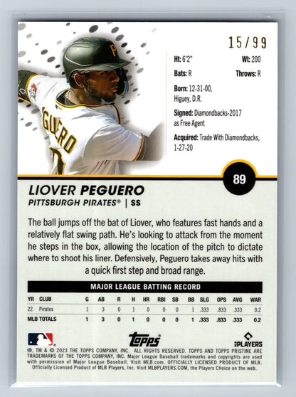 Liover Peguero 2023 Topps Pristine Purple Refractor RC /99 #89 Pirates