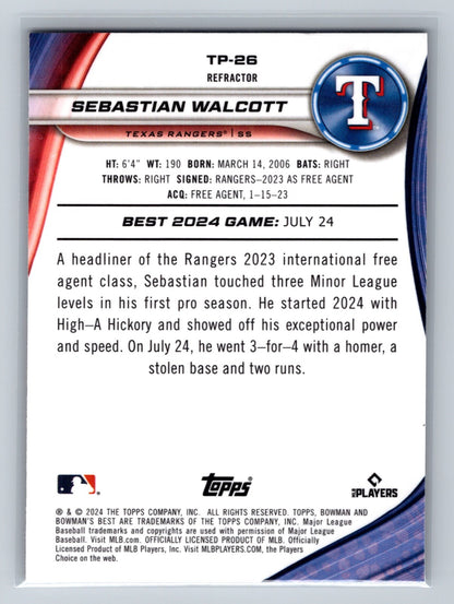 Sebastian Walcott 2024 Bowman's Best Top Prospects Refractor #TP-26 Rangers