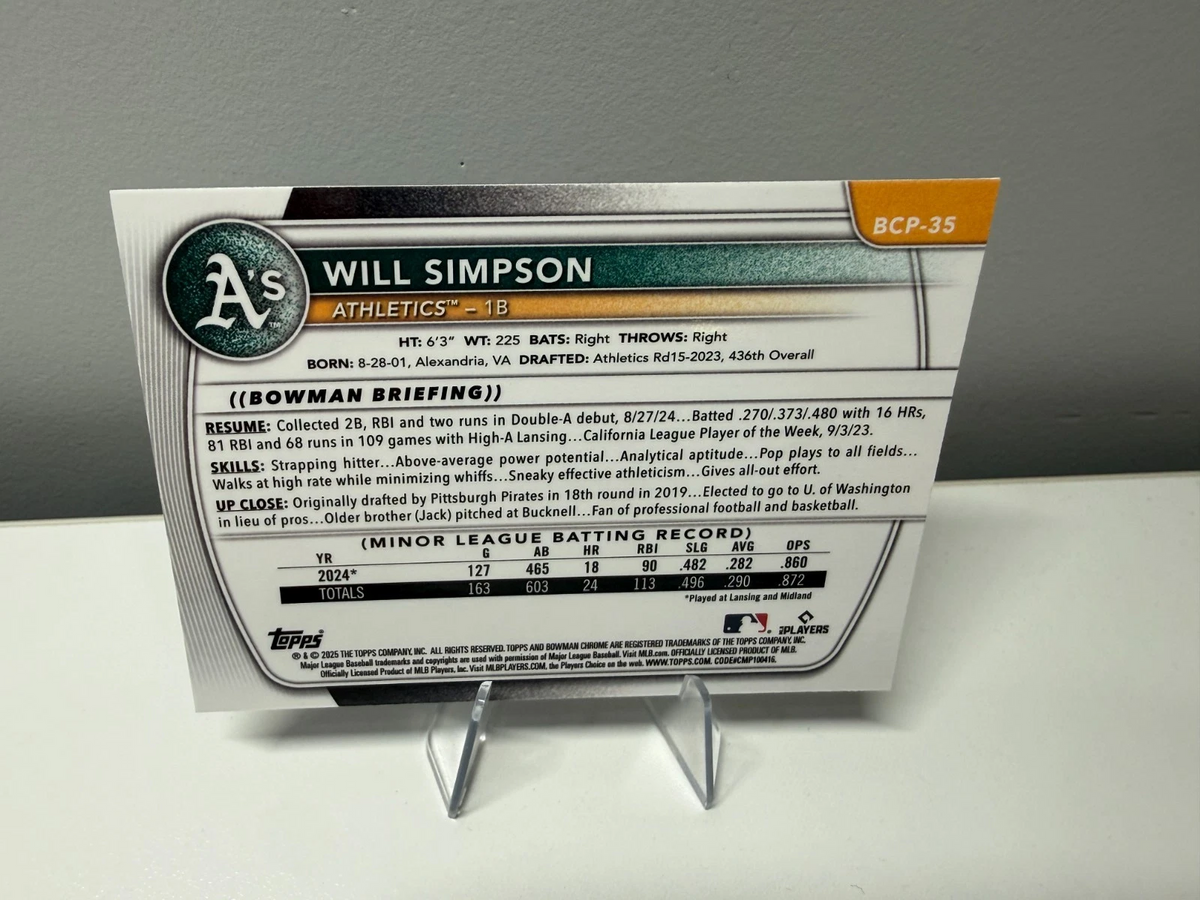 Will Simpson 2025 Bowman Chrome 1st Blue RayWave Refractor /150 #BCP-35