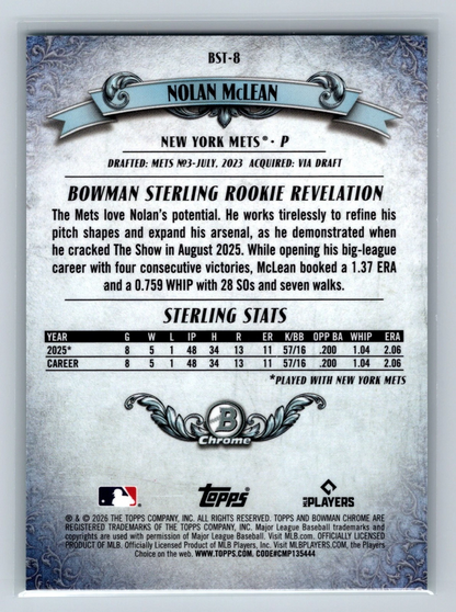 Nolan McLean 2026 Bowman Chrome Sterling Aqua Refractor /125 RC #BST-8 Mets