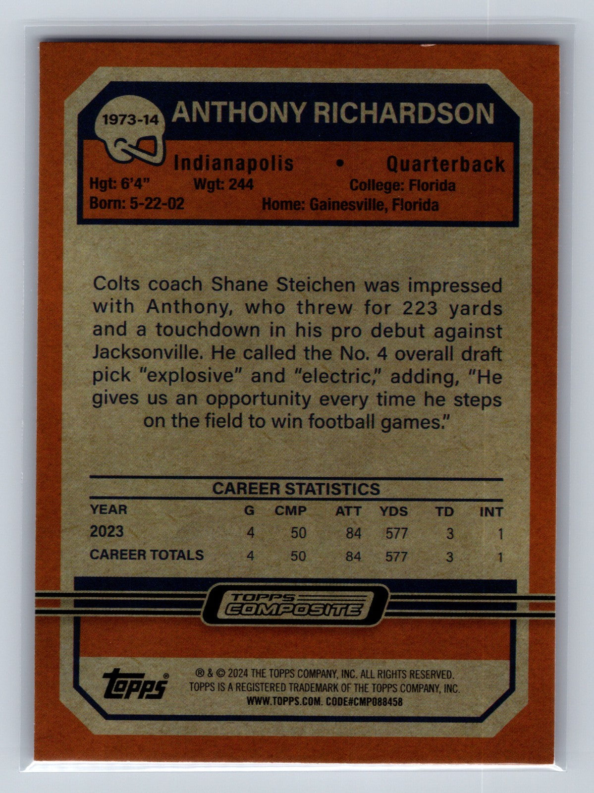 Anthony Richardson 2024 Topps Composite 1973 Pink RC #1973-14 Colts