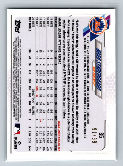 Noah Syndergaard 2021 Topps Chrome Ben Baller Green Refractor /99 #35 Mets