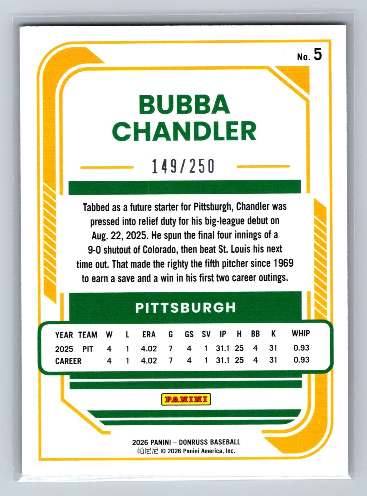 Bubba Chandler 2026 Panini Donruss Rated Rookie Red /250 #5 Pirates