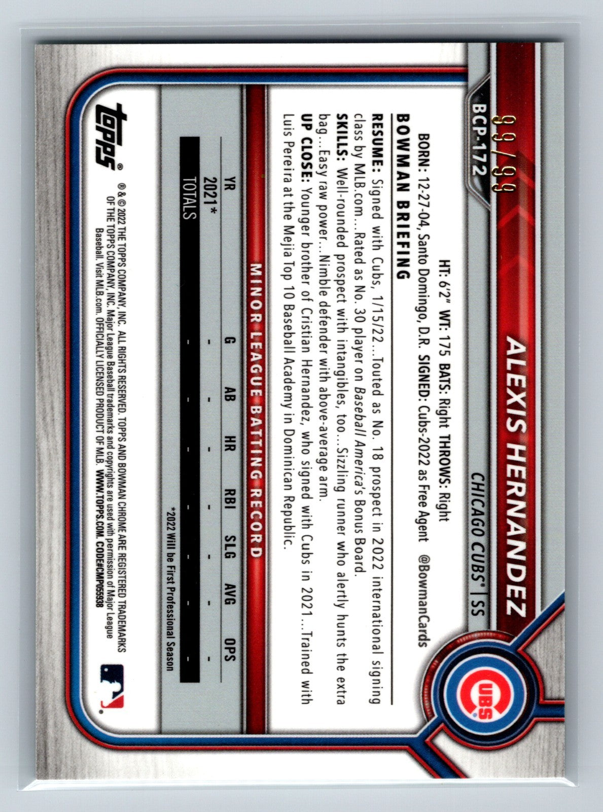 Alexis Hernandez 2022 Bowman Chrome 1st Green Mojo Refractor /99 #BCP-172