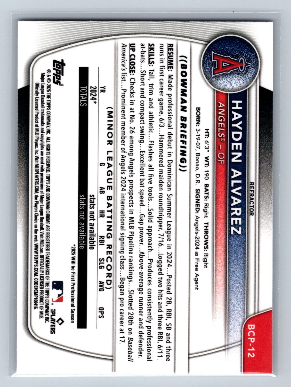Hayden Alvarez 2025 Bowman Chrome 1st Refractor /499 #BCP-12 Angels