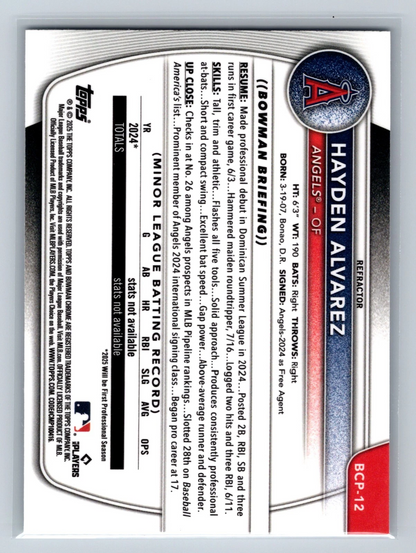 Hayden Alvarez 2025 Bowman Chrome 1st Refractor /499 #BCP-12 Angels