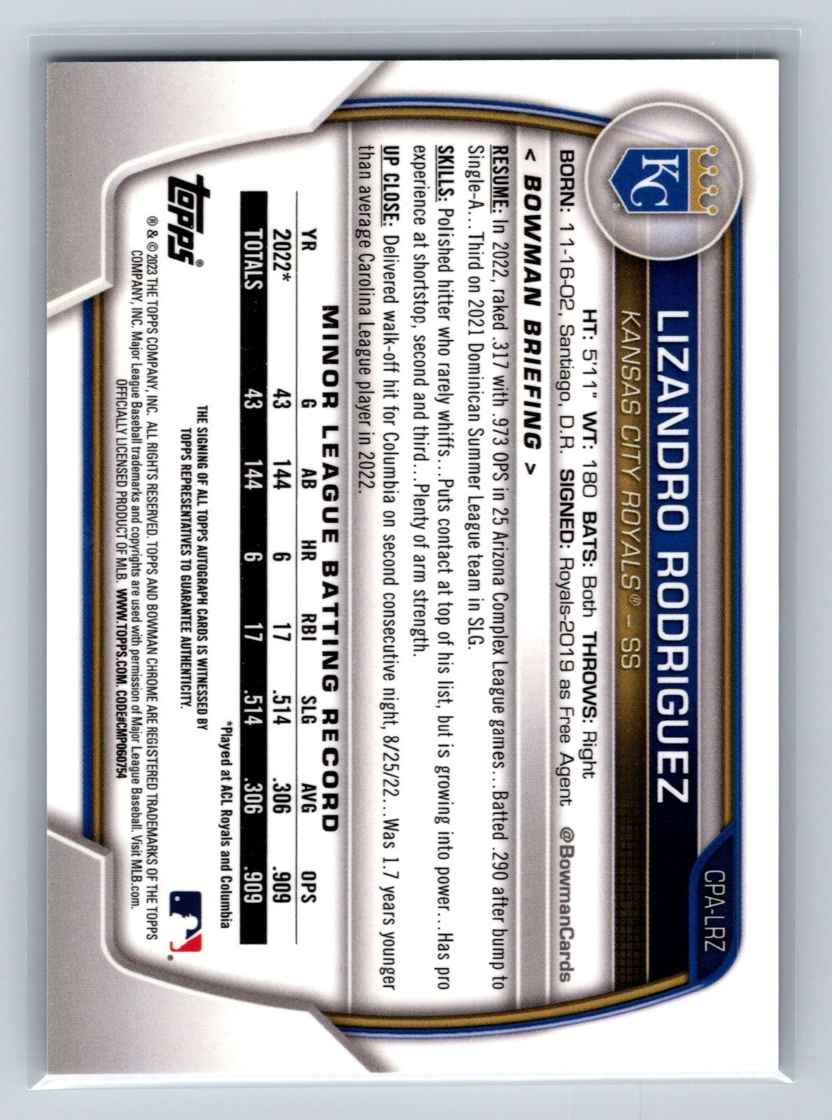 Lizandro Rodriguez 2023 Bowman Chrome 1st Auto #CPA-LRZ Royals