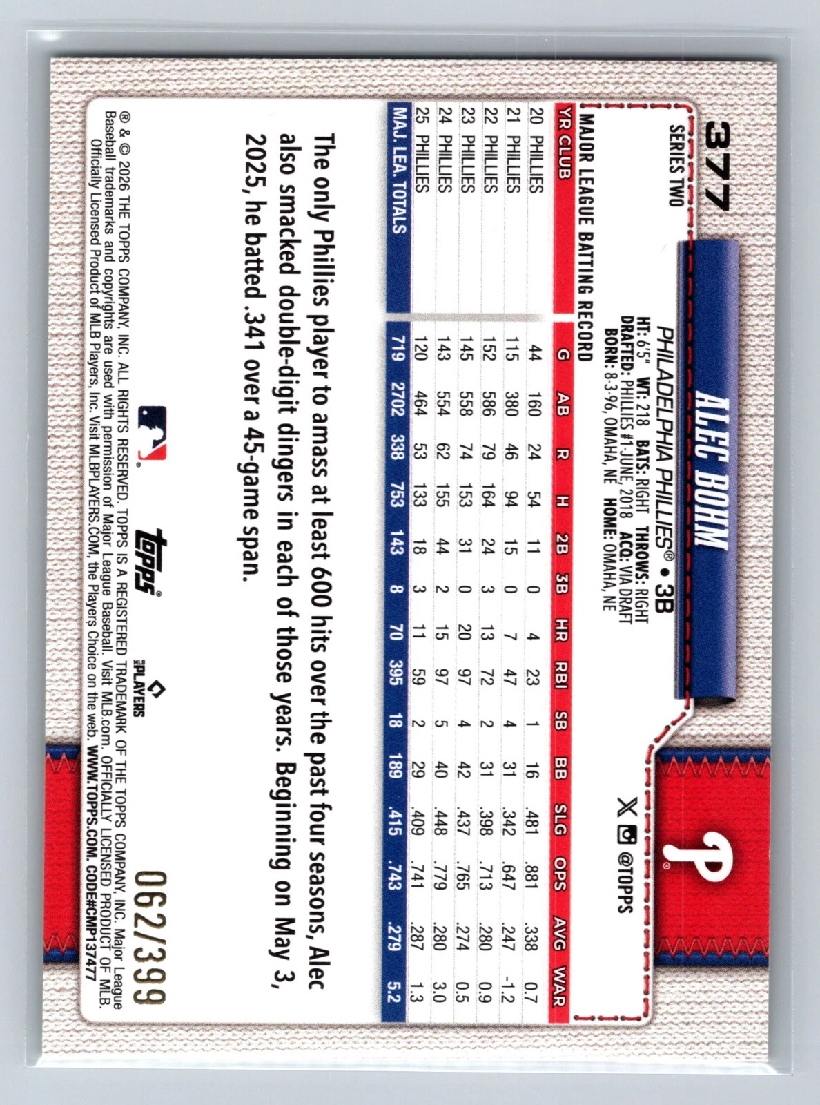 Alec Bohm 2026 Topps Series 2 Yellow Foil /399 #377 Phillies