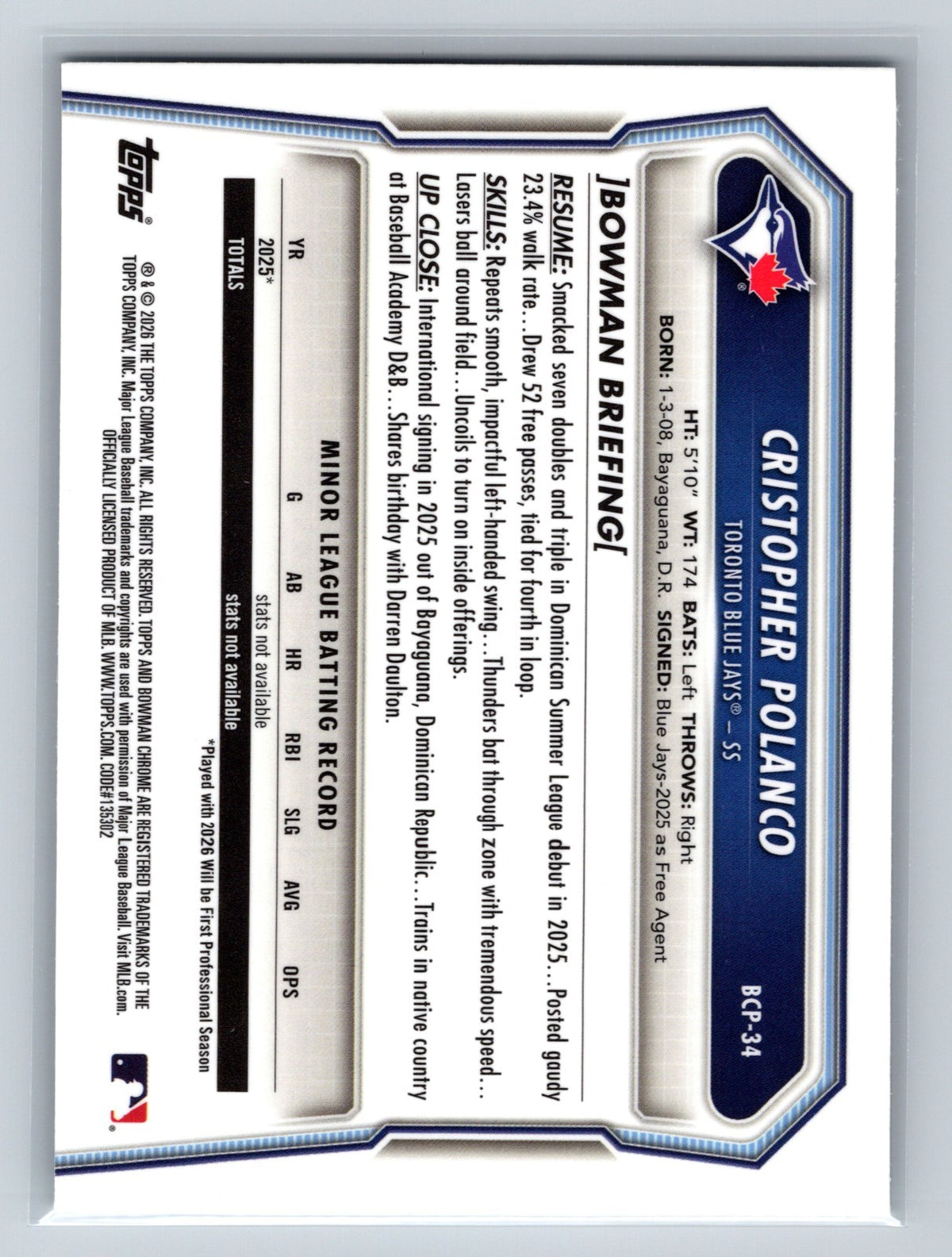 Cristopher Polanco 2026 Bowman Chrome Prospects Mini Diamond Refractor #BCP-34