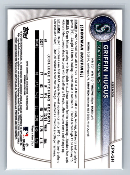 Griffin Hugus 2025 Bowman Chrome 1st Refractor Auto /499 #CPA-GH Mariners