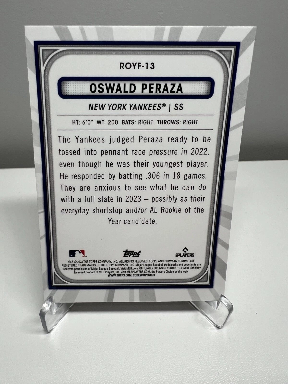 Oswald Peraza 2023 Bowman Chrome Rookie of the Year Favorites Mojo RC #ROYF-13