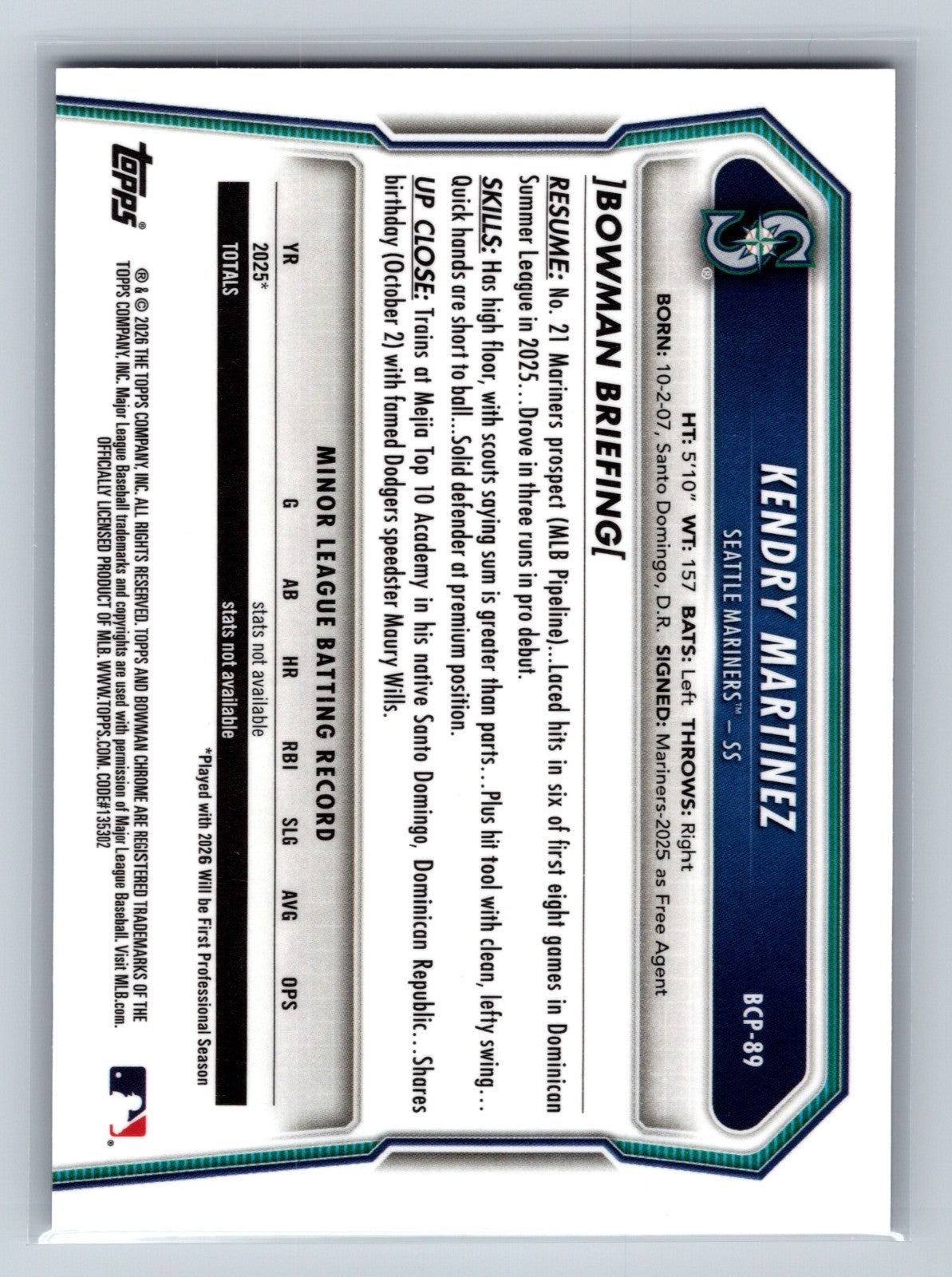 Kendry Martinez 2026 Bowman Chrome Prospect Reptilian Refractor #BCP-89 Mariners
