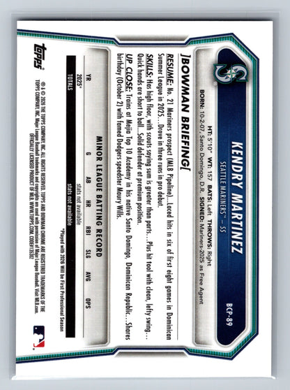 Kendry Martinez 2026 Bowman Chrome Prospect Reptilian Refractor #BCP-89 Mariners