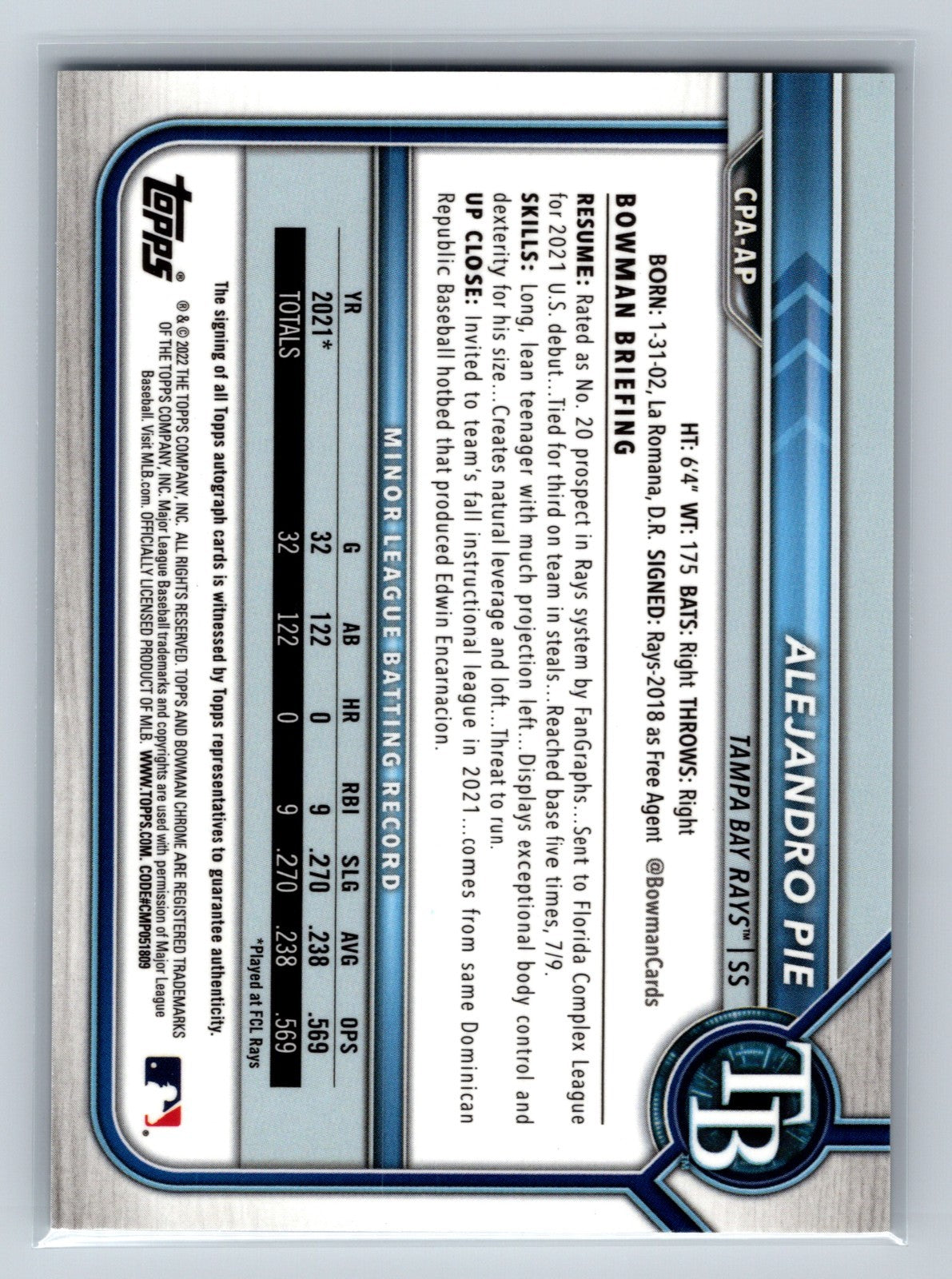 Alejandro Pie 2022 Bowman Chrome 1st Auto #CPA-AP Rays