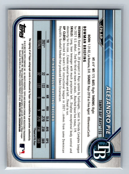 Alejandro Pie 2022 Bowman Chrome 1st Auto #CPA-AP Rays