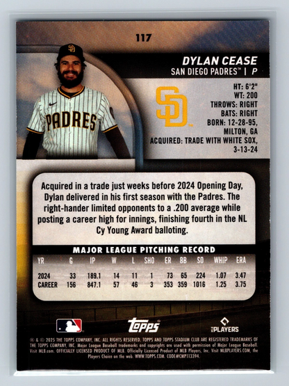 Dylan Cease 2025 Topps Stadium Club Turquoise Foil /99 #117 Padres