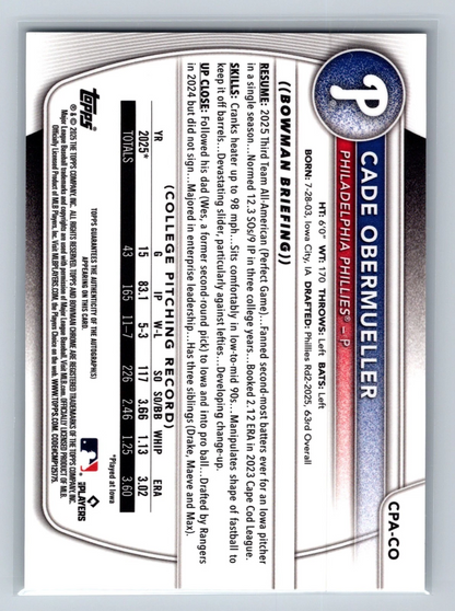 Cade Obermueller 2025 Bowman Draft Chrome 1st Auto #CPA-CO Phillies