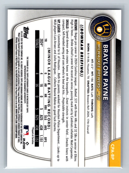 Braylon Payne 2025 Bowman Chrome Prospects Auto #CPA-BP Brewers