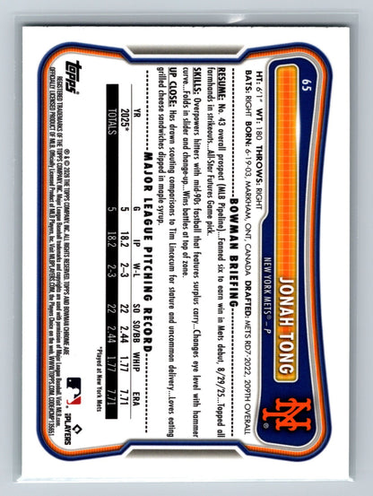 Jonah Tong 2026 Bowman Chrome Green Mojo Refractor RC /99 #65 Mets