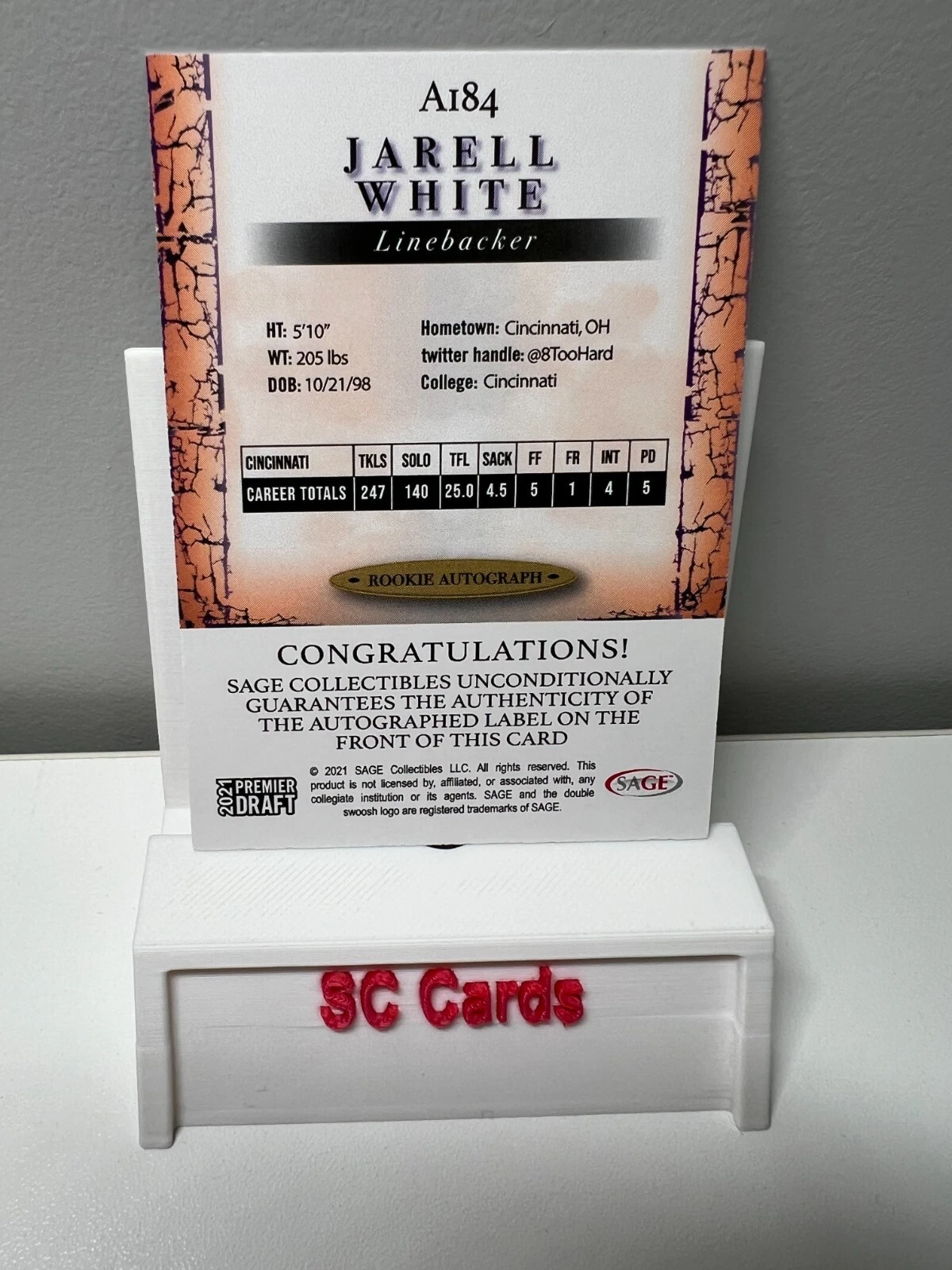 Jarell White 2021 Sage Premier Draft Red Auto #A184