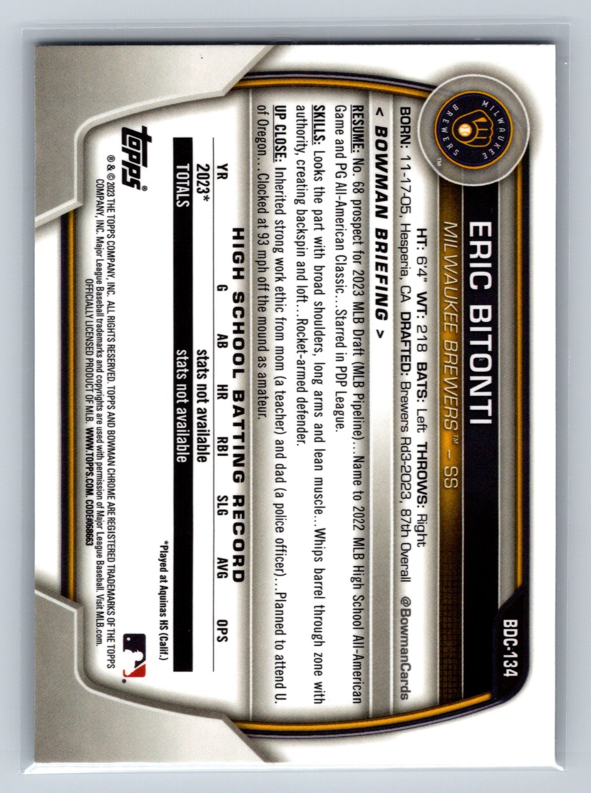 Eric Bitonti 2023 Bowman Draft Chrome 1st Aqua Lunar Refractor /125 #BDC-134