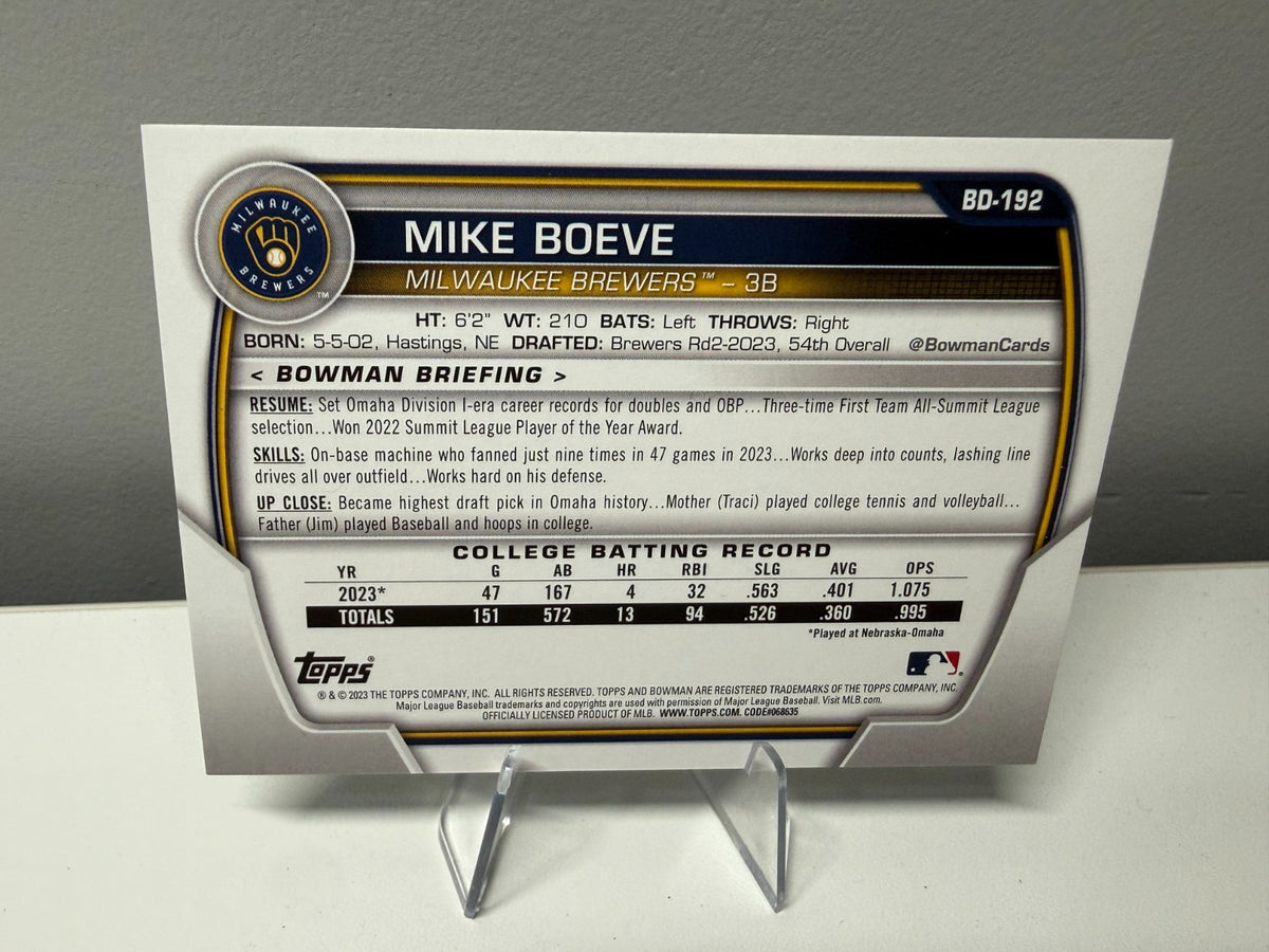 Mike Boeve 2023 Bowman Draft 1st Paper Green /99 #BD-192 Brewers