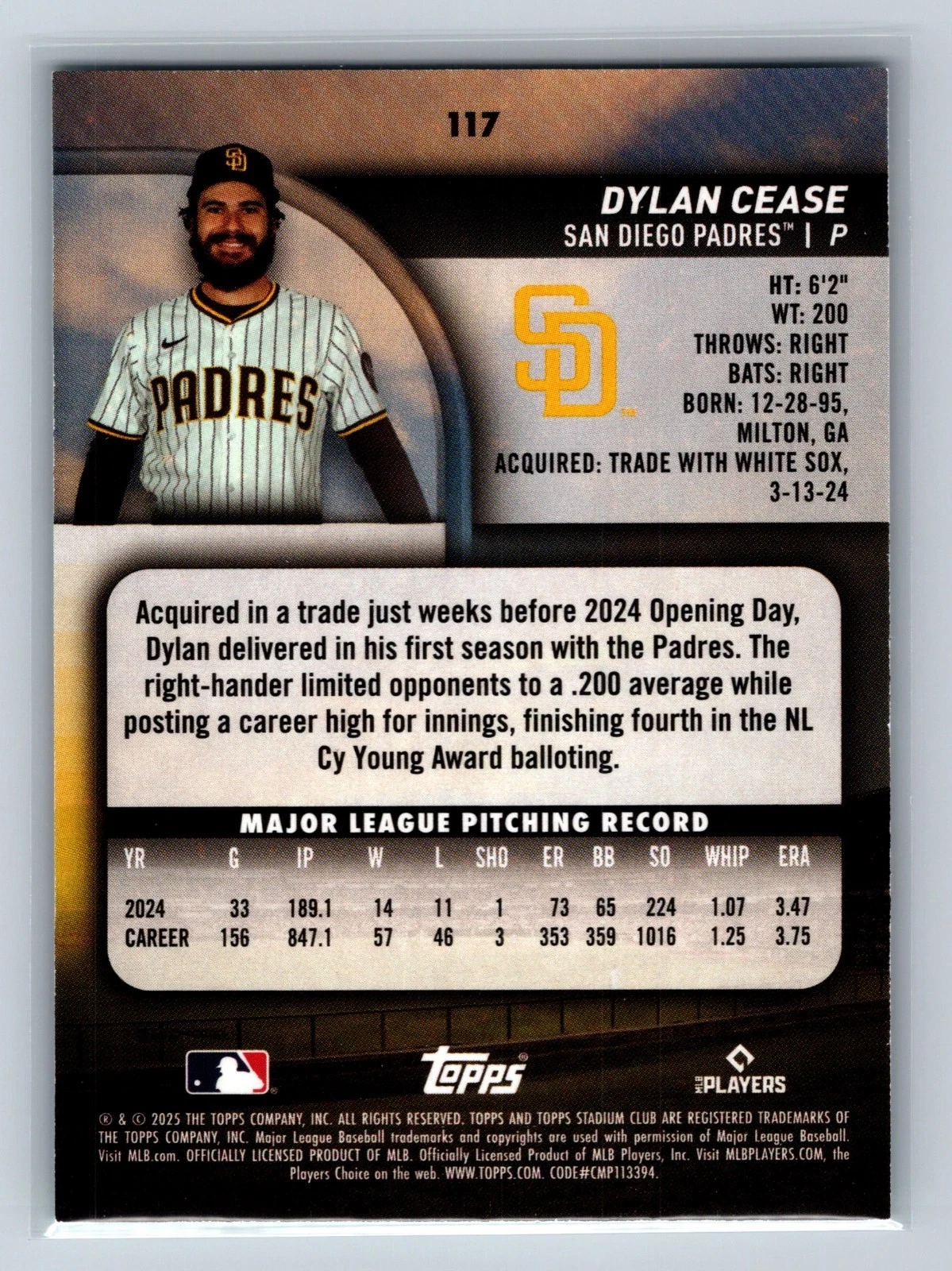Dylan Cease 2025 Topps Stadium Club Turquoise Foil /99 #117 Padres