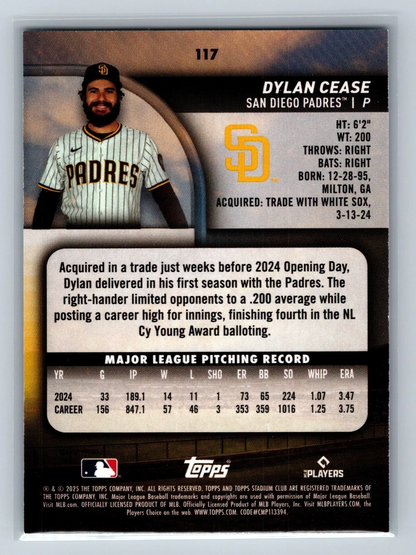 Dylan Cease 2025 Topps Stadium Club Turquoise Foil /99 #117 Padres