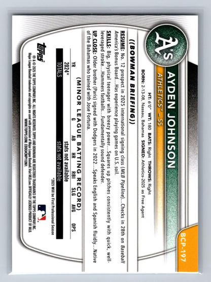 Ayden Johnson 2025 Bowman Chrome 1st Pulsar Refractor /399 #BCP-197 Athletics