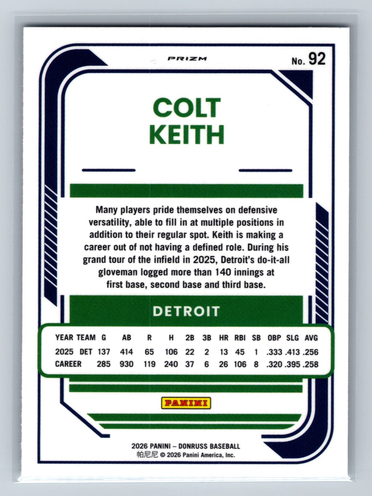 Colt Keith 2026 Panini Donruss Optic Sillver Holo Prizm #92 Tigers