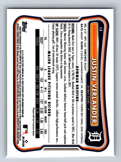 Justin Verlander 2026 Bowman Chrome Aqua Geometric Refractor /125 #14 Tigers
