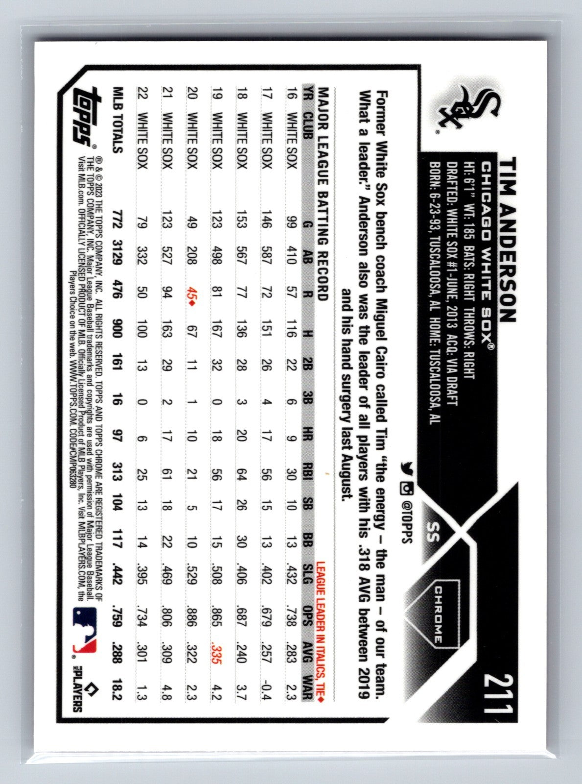 Tim Anderson 2023 Topps Chrome Logofractor Pink Refractor /199 #211 White Sox